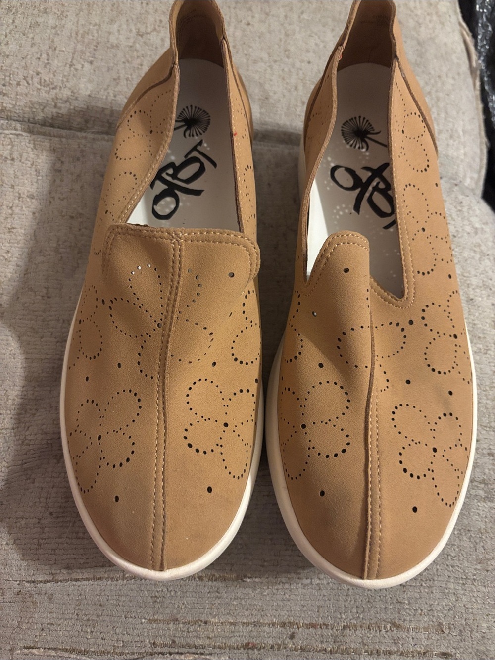 OTBT Tan Perforated Floral Slip-On Loafers